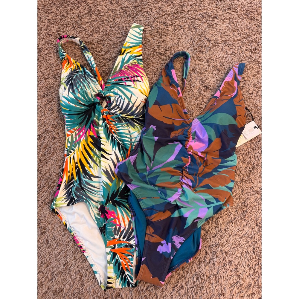 Shade & Shore XS One Piece Swimsuit Bundle Tropical Print 2 Piece Lot NWOT